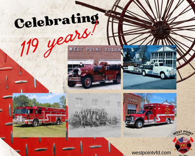 Photo collage of West Point Volunteer Fire Department celebrating 119 years.